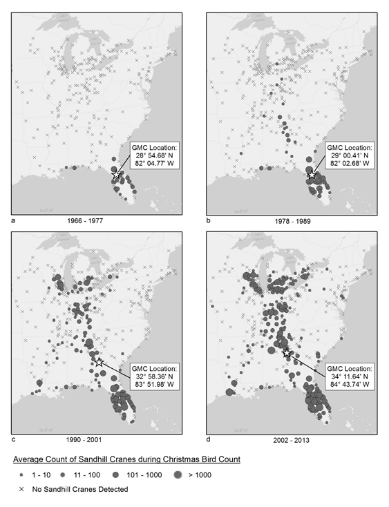 Changes in Sandhill Crane distribution using Christmas Bird Count data