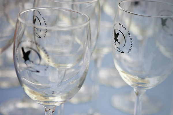Wine glasses with International Crane Foundation logo.
