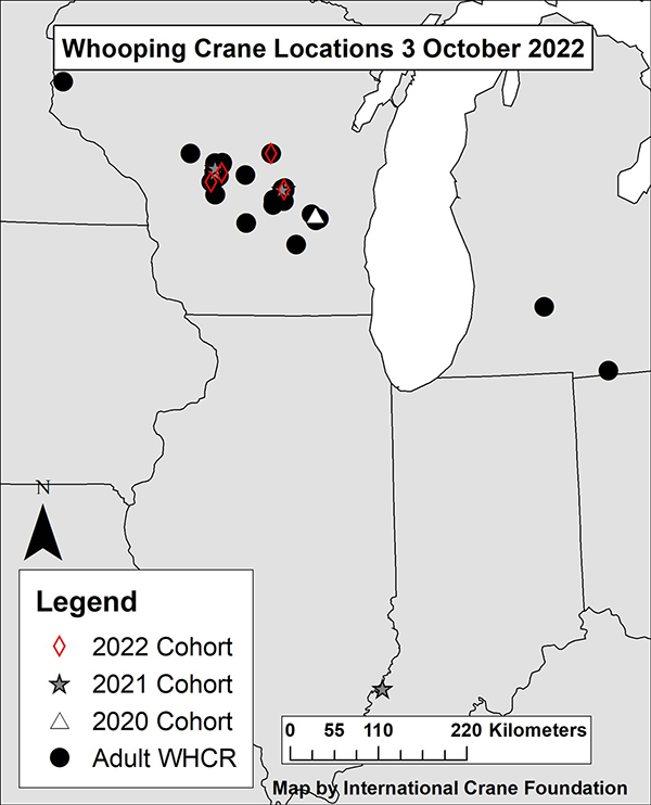 Map of Whooping Crane locations as of October 3, 2022