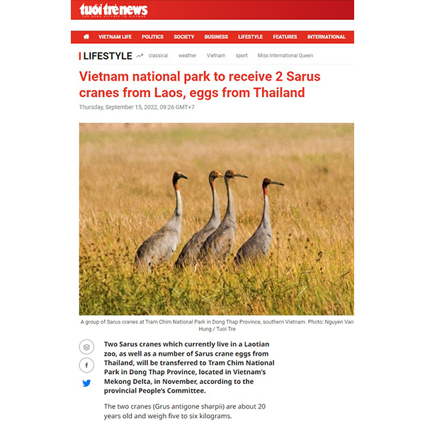 Vietnam national park to receive 2 Sarus Cranes from Laos, eggs from Thailand