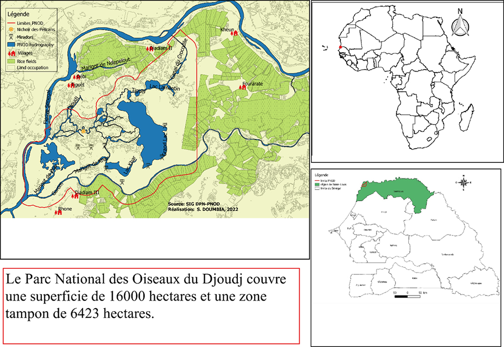Three maps detailing the location of Djoudj National Bird Park in Senegal