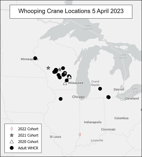 Whooping Crane locations, 5 April 2023