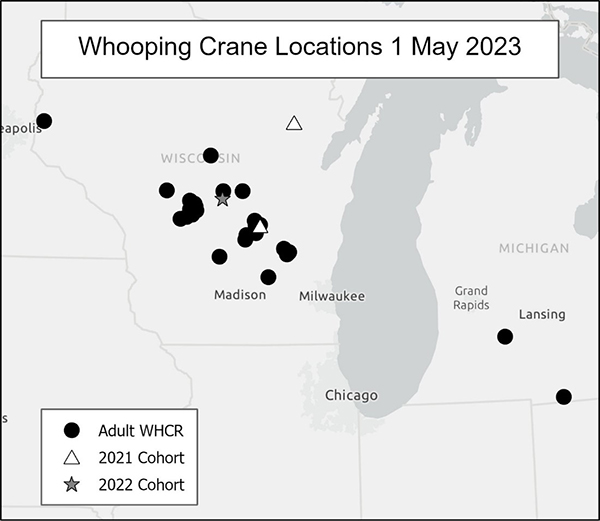 Whooping Crane locations, May 1, 2023