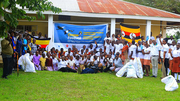 Rwatsinga Primary School students prepped for the National Crane Festival with a garbage cleanup. Sarah Kugonza/International Crane Foundation-Endangered Wildlife Partnership