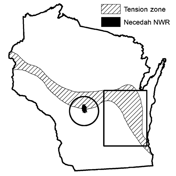 The study areas of Necedah National Wildlife Refuge and Eastern Wisconsin are within the boreal forest-to-tallgrass prairie tension zone that spans Wisconsin. Van Schmidt, Barzen, Engels and Lacy 2014