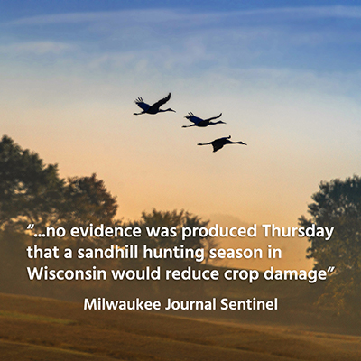 Milwaukee Journal Sentinel article quote against a photo of a farm field with three Sandhill Cranes flying in the sky.